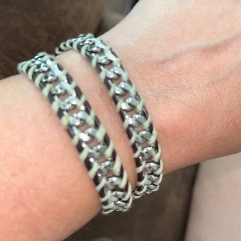 Brown leather with silver metal insert wrap bracelet
